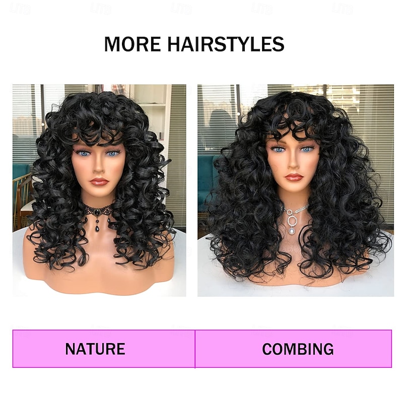 Curly Wig with Bangs for Black Women Kinky Long Curly Wig Synthetic Hair Daily Use Cosplay3