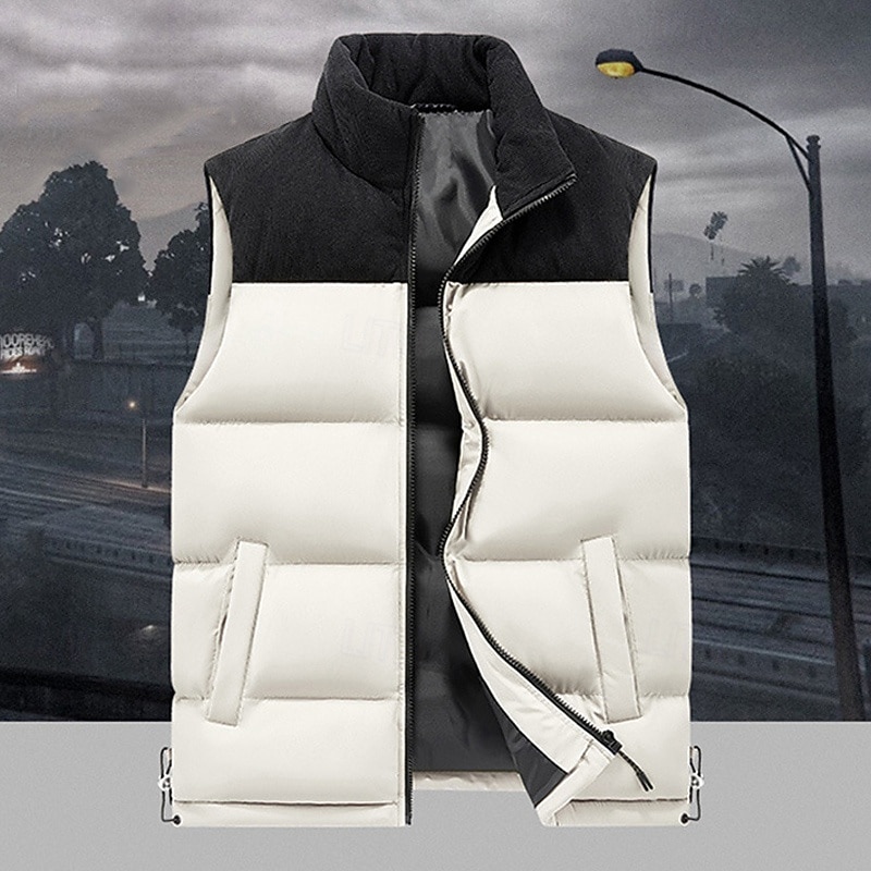 Men's Down Vest Puffer Vest Vest Gilet Daily Date Vacation Fashion Casual Fall & Winter Patchwork Pocket Polyester Warm Comfortable Plain Pocket Zipper Stand Collar Regular Fit Black Ivory Purple