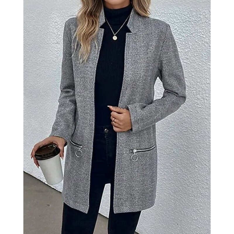 Women's Coat Work Pocket Zipper Solid Color Simple Outerwear Fall Gray3