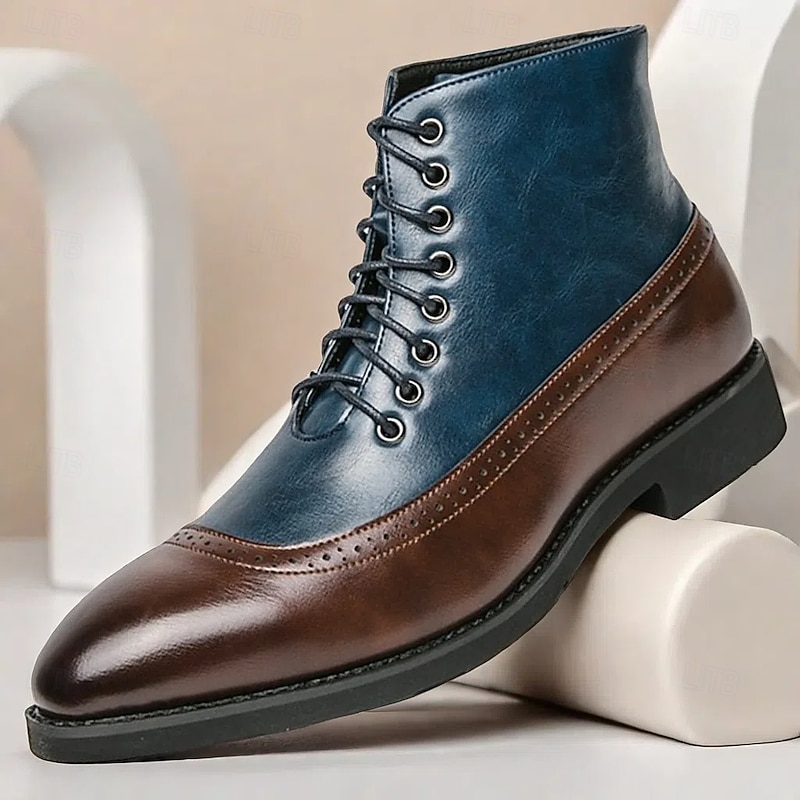 Men's Two-Tone Faux Leather Ankle Boots with Lace-Up Closure - Stylish Navy and Brown Boots for Casual Wear and Outdoor Activities