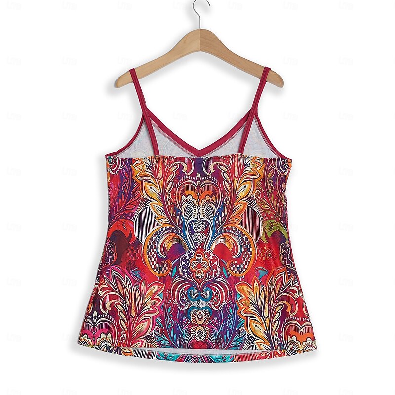 Women's Camisole Tank Top Sleeveless V-Neck Paisley Print Bohemian Style Casual Summer Wear Figure-Hugging Multicolor Contrast Trim Regular Fit3