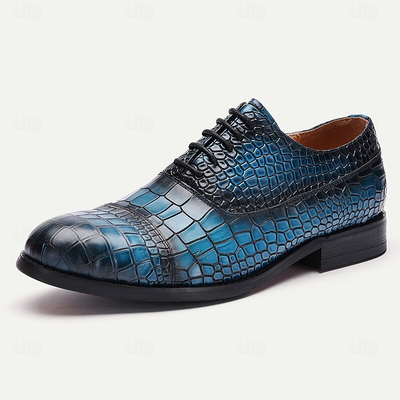 Men's Blue Crocodile Embossed Cowhide Leather Oxford Shoes – Elegant Lace-Up Dress Shoes for Formal Events and Business Wear2