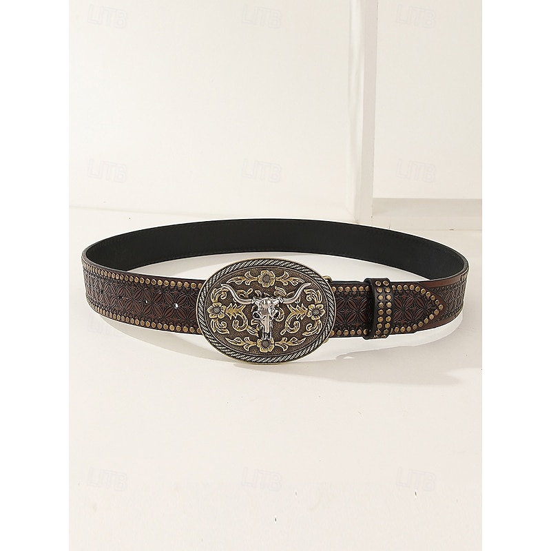 Men's Western Faux Leather Belt with Engraved Floral Design and Bull Skull Buckle – Vintage-Style Cowboy Belt for Rodeo and Casual Wear2