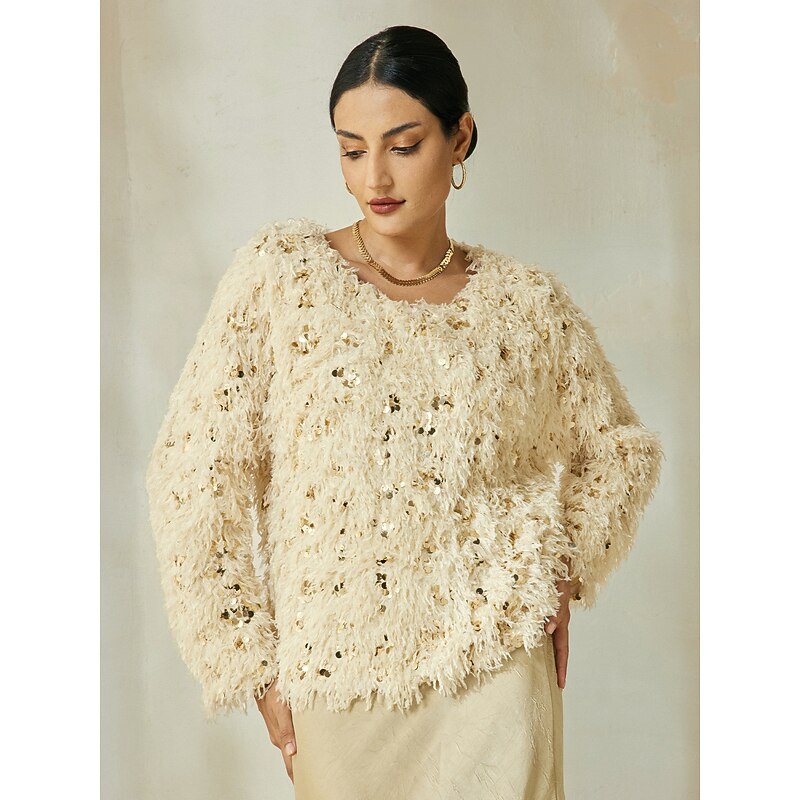 Apricot Sequin Feather Crew Neck Blouse