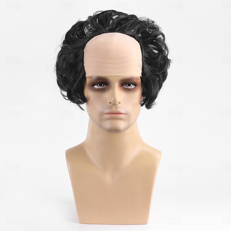 Black Old Man Wig Bald Wig with Hair On Sides Balding Wig Bald Wig for Adults 100 Days of School Costume Short Synthetic Wig for Cosplay Costume Halloween Party