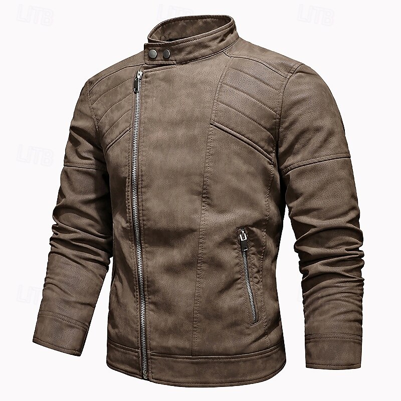 Men's Faux Leather Jacket Biker Jacket Motorcycle Jacket Daily Vacation Windproof Warm Pocket Fall & Winter Plain Fashion Classic Stand Collar Regular Black Brown Khaki Jacket2