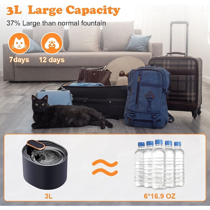 Dog Cat Pets Water Bottle / Automatic Drinking Bowl 2.4 L ABS+PC Durable Easy to Install Fountain Solid Colored Black Bowls & Feeding Home3