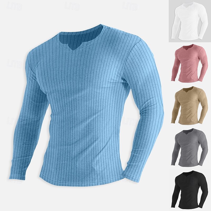 Men's T Shirt Muscle Shirt Ribbed Knit tee Tee Top Long Sleeve V Neck Summer Plain Pit Strip Fashion Designer Basic Knitting Vacation Street Going out Light Blue Black Pink Top Tee for Men2