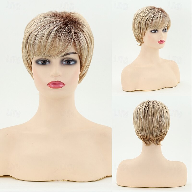 Brown Curly Pixie Wigs for White Women Short Fluffy White Hair with Bangs Natural Synthetic Heat Resistant Wig3