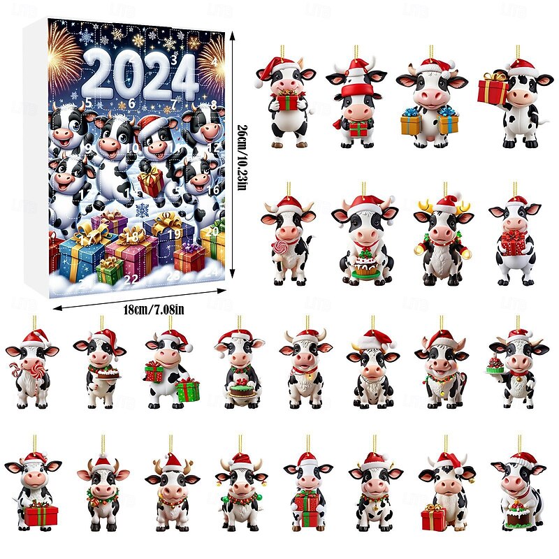 Christmas Advent Calendar Ornaments,2D Acrylic Cute Cow Baby 24pcs Christmas Ornament Kit Gift 24 Days Countdown Mini Hanging Tree Xmas Ornaments for Christmas Party Decorations