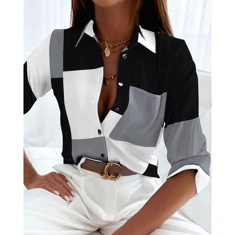 Women's Shirt Long Sleeve Button Down Blouse Basic Color Block Buttons Print Regular Tops Shirt Collar Casual Black Spring Fall