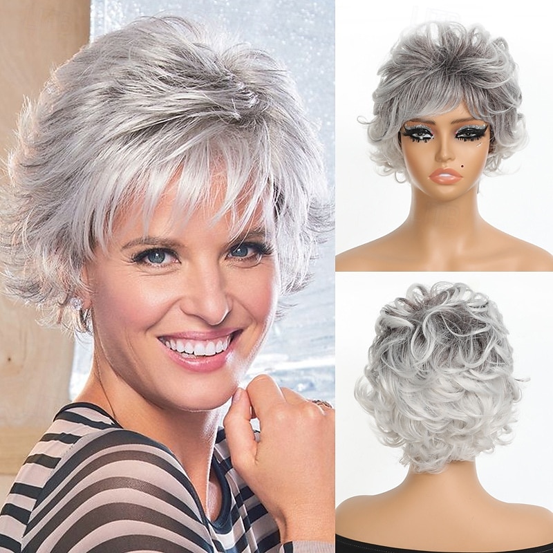 Women's Wig Short Curly Hair, Gray Small Curly Hair Wig Women's Short Curly Hair Wig, Simulated High-temperature Silk Wig