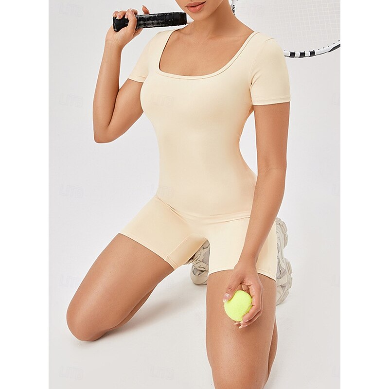 Women's Jumpsuit Workout Jumpsuit Onesie Solid Color Bodysuit Romper rice white Black Yoga Fitness Gym Workout High Waist Breathable Soft Short Sleeve Sport Activewear Micro-elastic Slim2