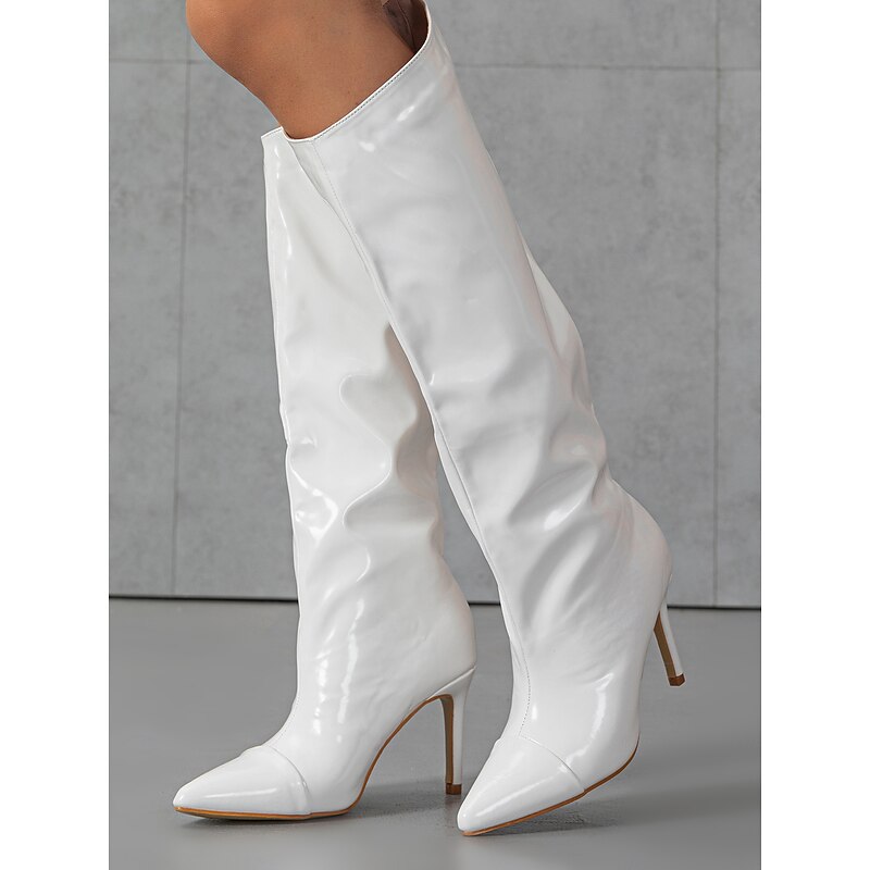 Women's Black Patent Faux Leather Knee-High Stiletto Boots - Sexy Pointed Toe High Heel Slouch Boots for Party and Night Out2