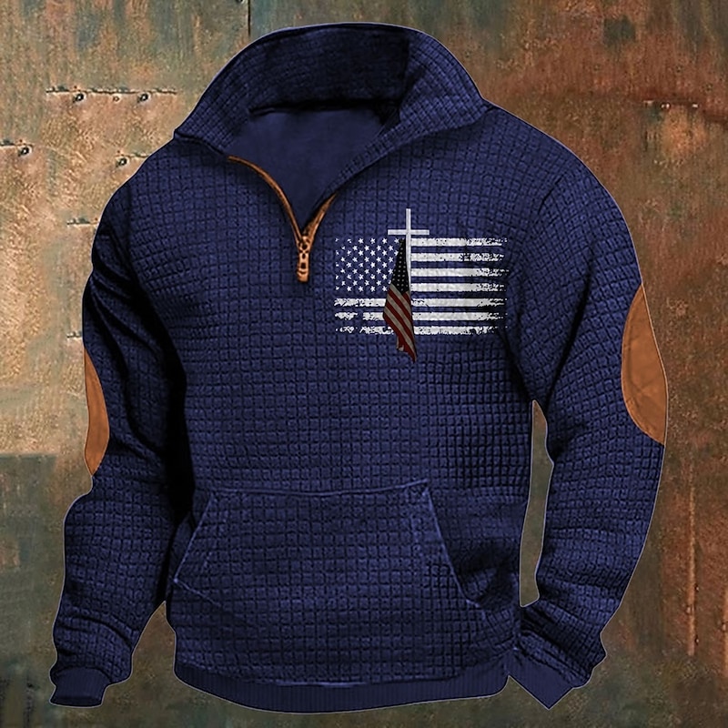 Men's Sweatshirt Waffle Sweatshirt Quarter Zip Sweatshirt Black Navy Blue Khaki Light Grey Gray Half Zip National Flag Patchwork Ribbed Front Pocket Sports & Outdoor Daily Holiday Polyester2