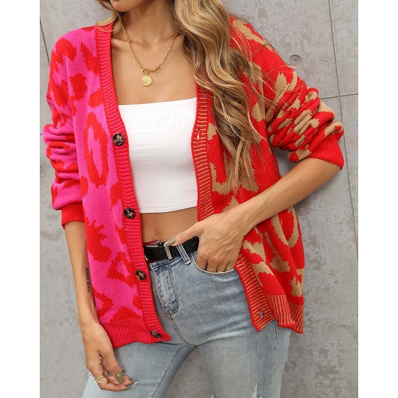 Women's Cardigan Fashion Daily Casual Leopard Color Block Print Open Front Knitted Long Sleeve Regular Tops Knit Formal Home Red Brown Fall Winter 8