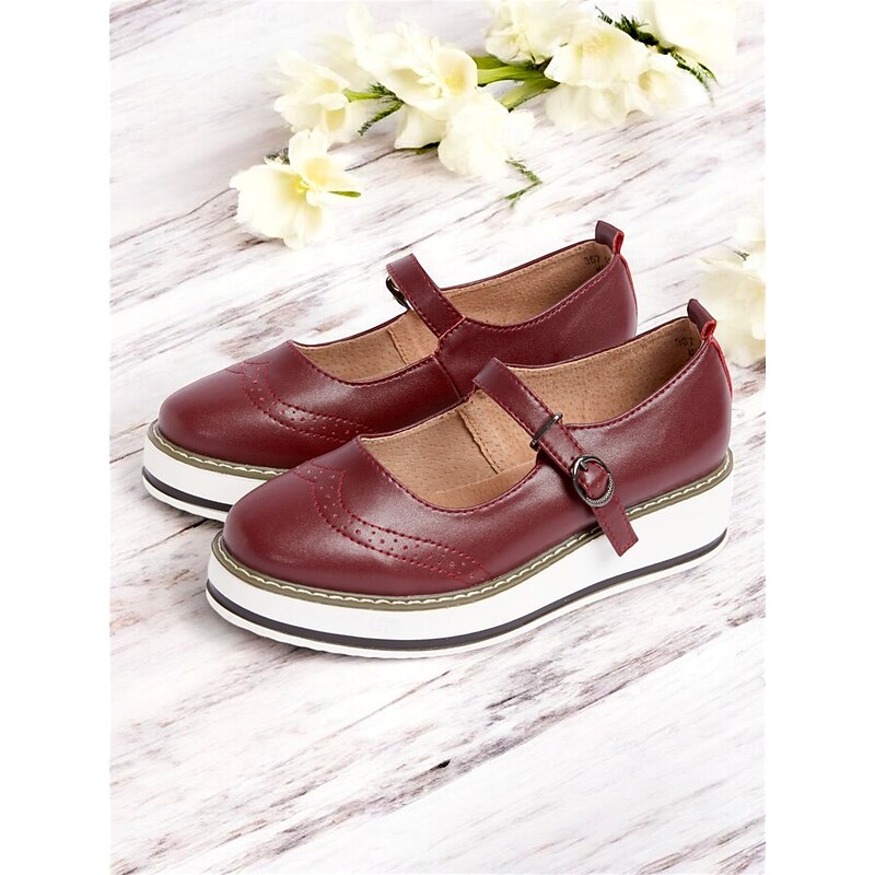 Women's Red Mary Jane Platform Shoes with Brogue Detailing and Buckle Strap – Vintage Style Casual Footwear for Daily Wear2