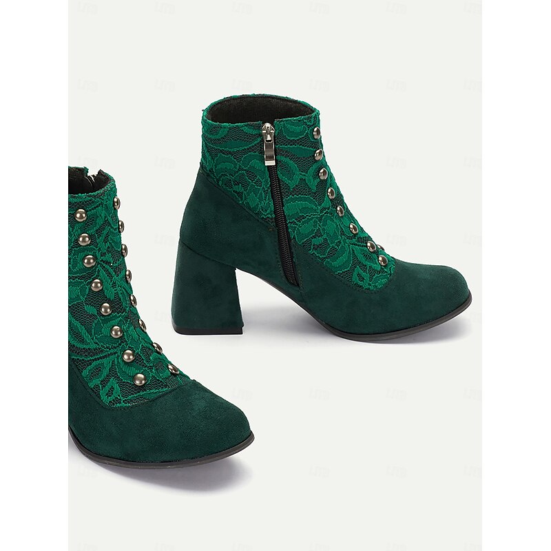 Women's Green Faux Suede Ankle Boots with Snap-Button, Lace Overlay and Side Zipper – Vintage-Inspired Design with Block Heel, Perfect for Elegant Outfits and Special Occasions4