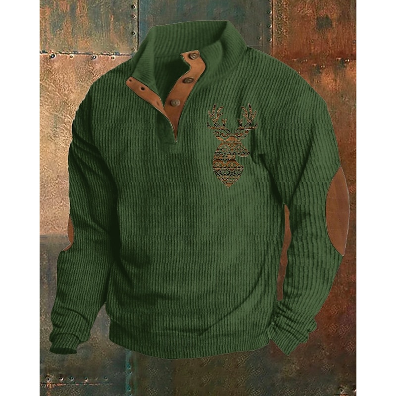 Men's Sweatshirt Black Army Green Khaki Gray Standing Collar Color Block Reindeer Patchwork Sports & Outdoor Daily Holiday Polyester Corduroy Streetwear Basic Casual Spring &  Fall Clothing Apparel4