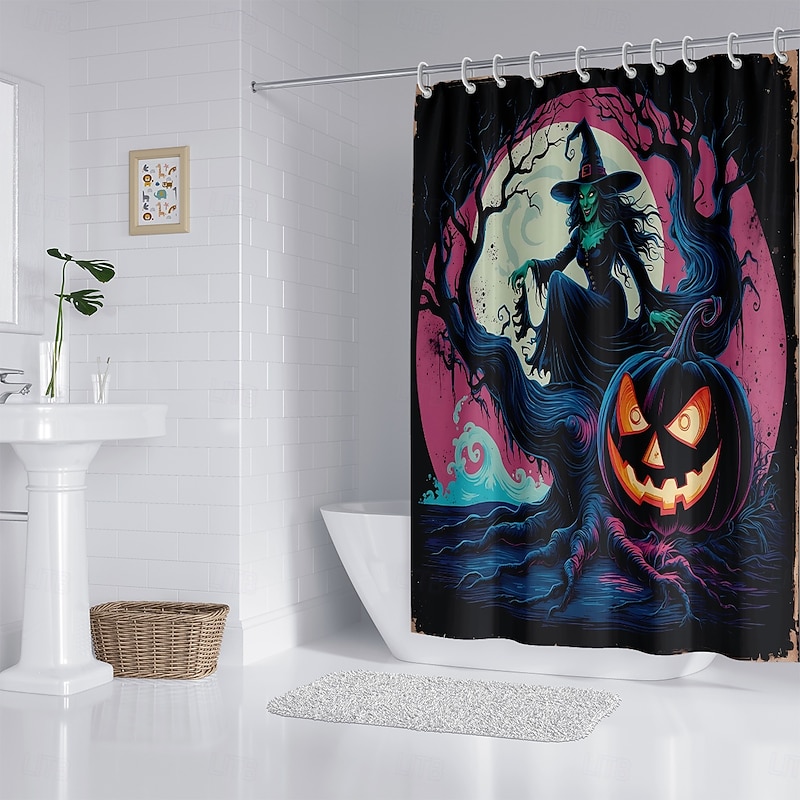 Halloween Pumpkin Ghost Castle Shower Curtain Modern Machine Washable Waterproof Polyester Fabric Used for Bathroom Decoration Bathtub with 12 Hooks