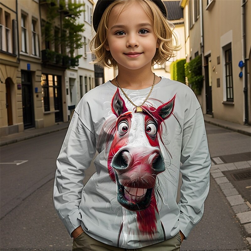 Girls' 3D Graphic Animal Horse T shirt Tee Long Sleeve Spring Fall Fashion Basic Kids 4-12 Years Crew Neck Outdoor Casual Daily Regular Fit