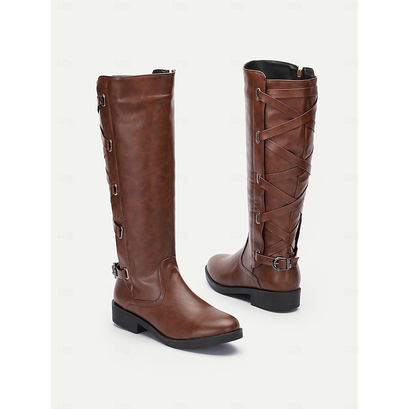 Women's Black Motorcycle Boots with Side Lace-Up and Buckle Detail - Stylish High Knee Riding Boots3