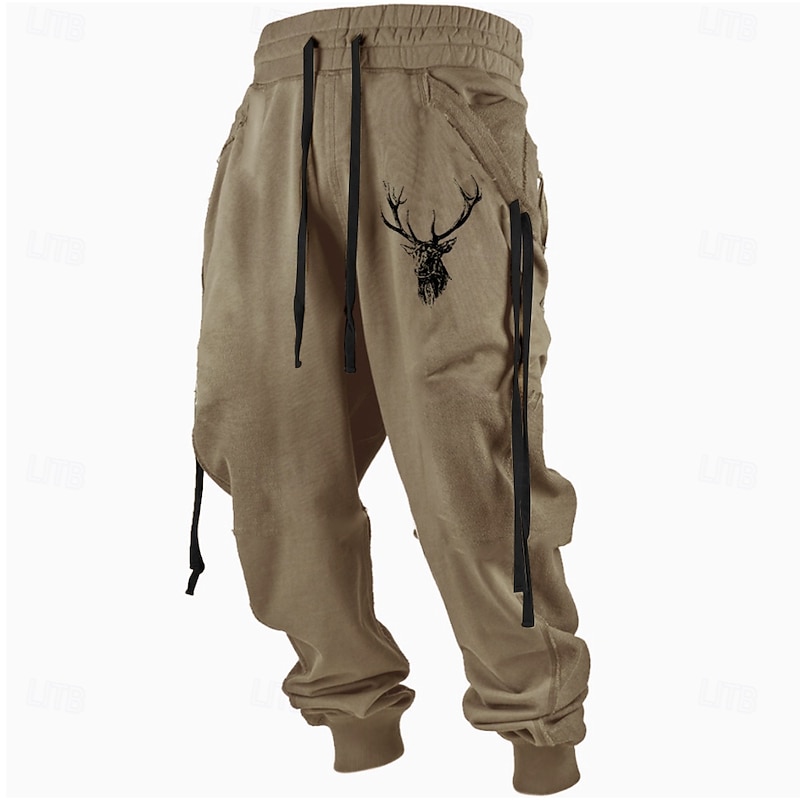 Men's Deer Sweatpants Joggers Pants Trousers Mid Waist Drawstring Elastic Waist Vintage Casual Outdoor Street Dailywear Pocket Spring Fall Winter 3D Print Dark red Blue khaki4