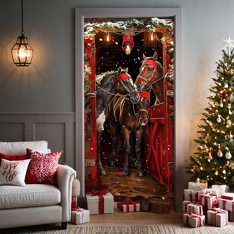 Christmas Door Decorations Door Covers Horses Door Tapestry Door Curtain Decoration Backdrop Door Banner for Front Door Farmhouse Holiday Party Decor Supplies Indoor/Outdoor3
