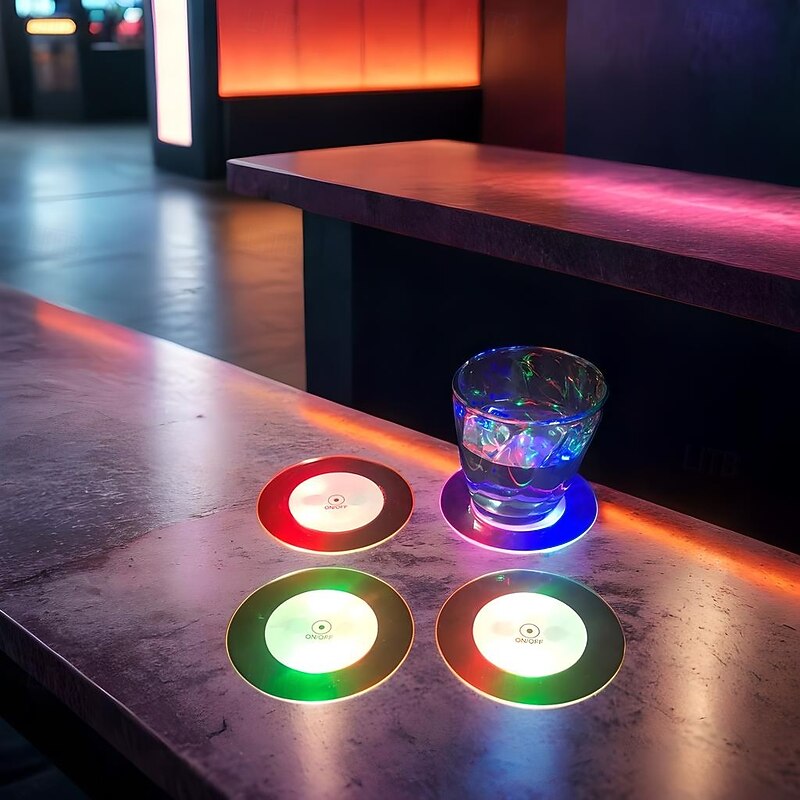 LED Cocktail Coaster Round Ultra-Thin LED Drink Coaster Luminous Coaster Non-Slip & Waterproof Transparent Beer Beverage Coasters for Club Party Wedding Christmas 1pc