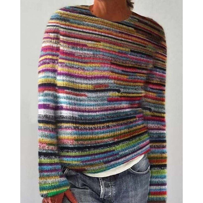 Women's Sweater Fashion Streetwear Striped Print Crew Neck Knitted Long Sleeve Regular Tops Knit Going out Rainbow Fall Winter