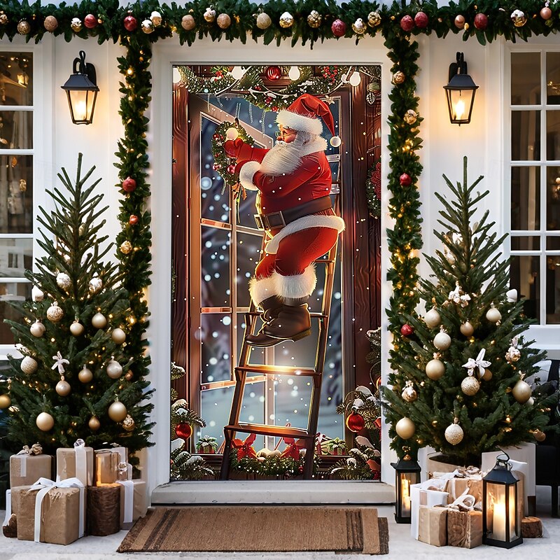 Christmas Door Decorations Door Covers Xmas Santa Ladder Door Tapestry Door Curtain Decoration Backdrop Door Banner for Front Door Farmhouse Holiday Party Decor Supplies Indoor/Outdoor