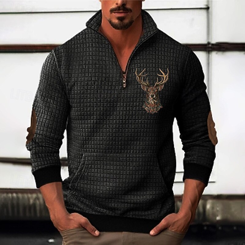 Men's Sweatshirt Waffle Sweatshirt Quarter Zip Sweatshirt Black Dark Gray Half Zip Graphic Print Patchwork Front Pocket Quarter Zip Daily Holiday Going out Polyester Streetwear Casual Fall Winter2