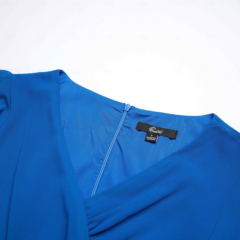 Women's Wedding Guest Cocktail Dress Chiffon  Ruched Ruffle Elegant Formal Wrap Midi Dress V Neck Ruffle Sleeve Blue Green Color4