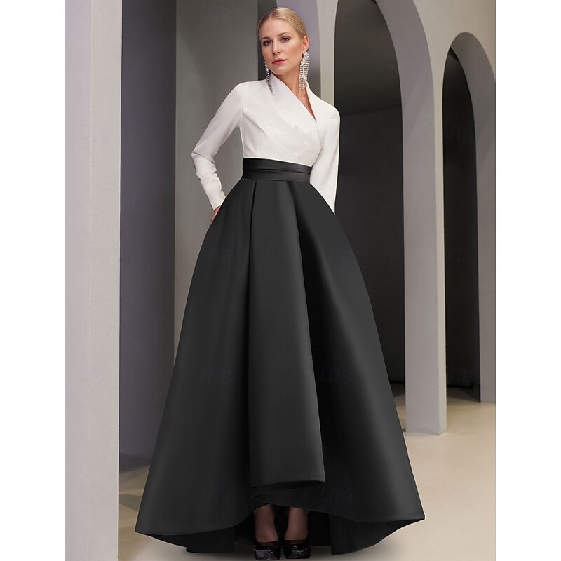 Black Tie A-Line Evening Gown Elegant Dress Formal Wedding Guest Asymmetrical Long Sleeve V Neck Pocket Satin with Pocket
