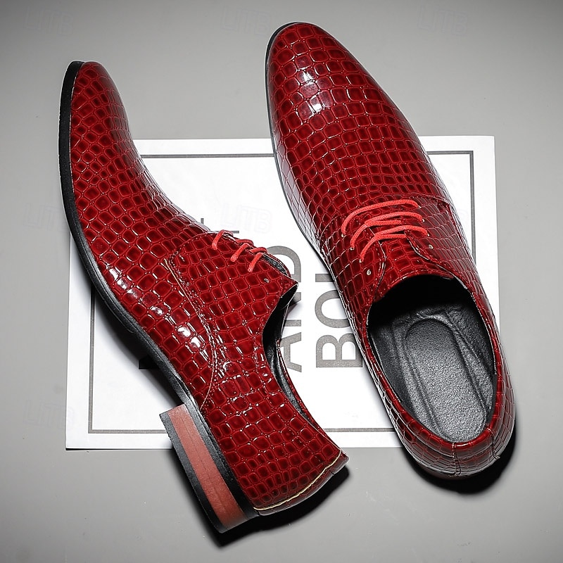 Men's Red Crocodile Pattern Lace-Up Dress Shoes - Sleek Patent Faux Leather Oxford Shoes for Christmas,Formal Events and Parties4