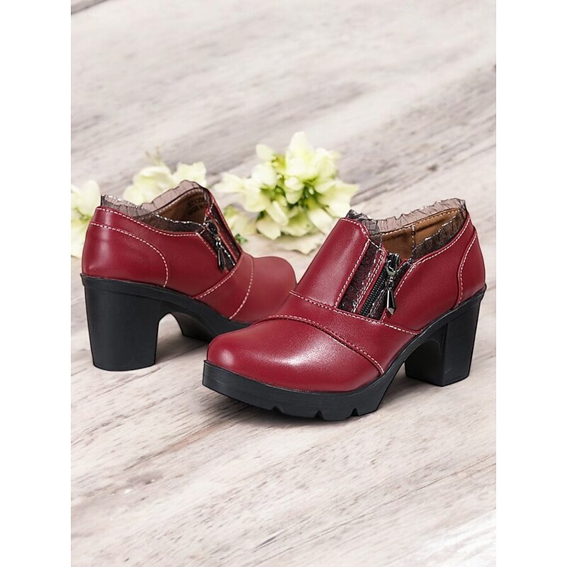 Women's Red Lace-Up Victorian-Style Mid-Heel Boots with Bow Accent, Vintage Gothic Footwear for Cosplay, Parties, and Special Occasions2