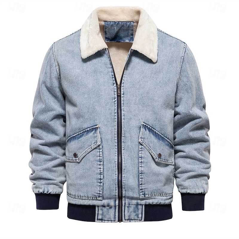 Men's Fleece Jacket Jean Jacket Denim Jacket Casual Daily Fall & Winter Color Block Casual Lapel Regular Dark Gray Dark Blue Light Blue Jacket