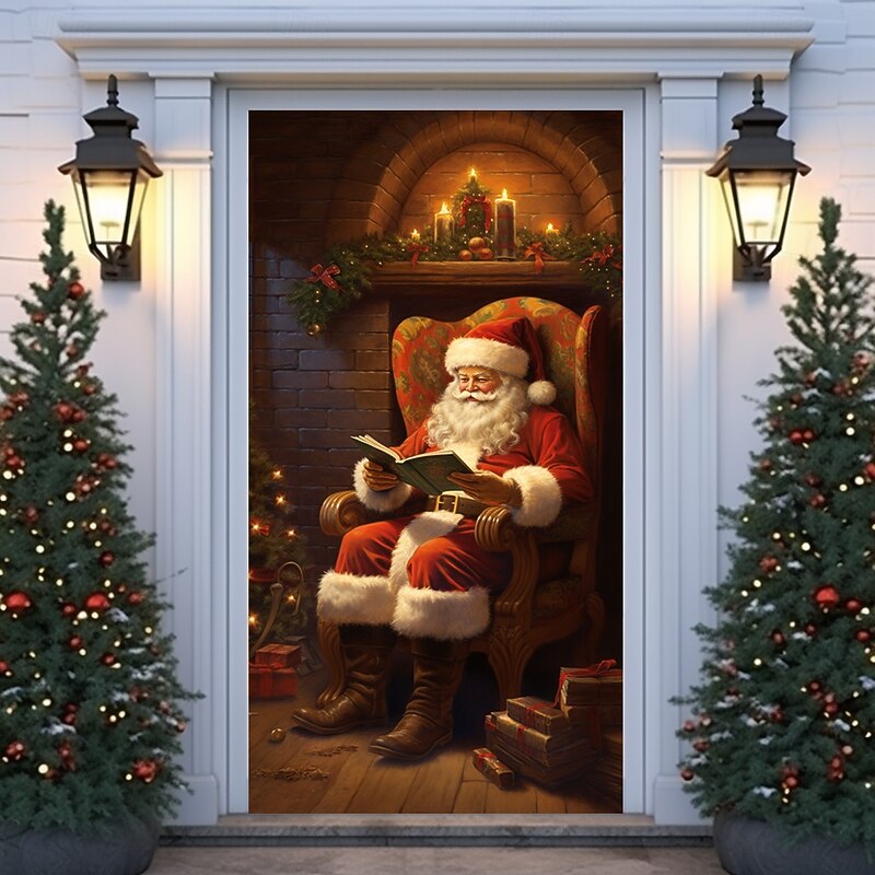 Christmas Door Decorations Door Covers Xmas Santa Door Tapestry Crystal Ball Door Curtain Decoration Backdrop Indoor/Outdoor Door Banner for Front Door Farmhouse Holiday Party Decor Supplies