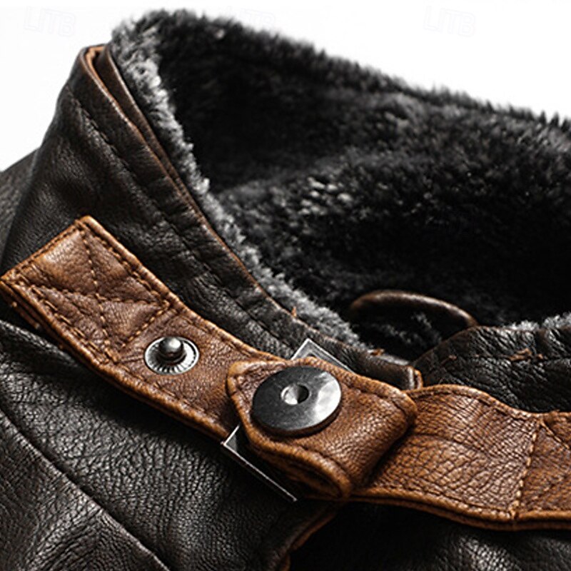 Men's Vest Gilet Wedding Event / Party Daily Fashion Business Fall & Winter Pocket Fleece PU Leather Thermal Warm Plain Zipper Stand Collar Regular Fit Coffee Vest4