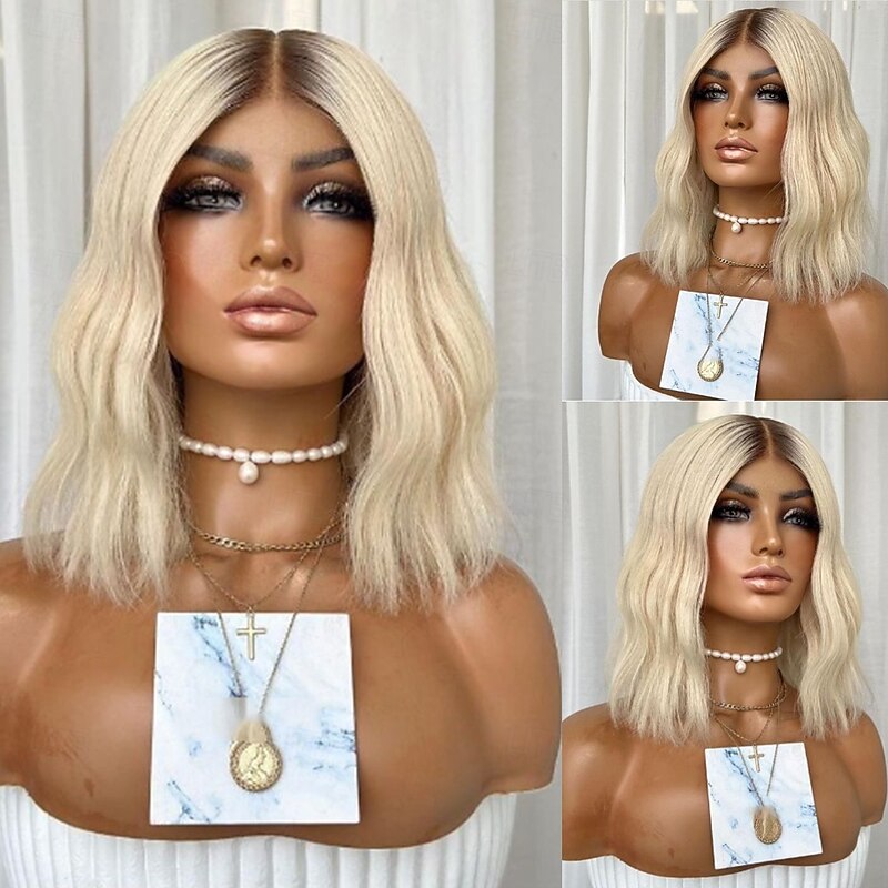 Remy Human Hair 13x4 Lace Front Wig Short Bob Brazilian Hair Wavy Blonde Wig 130% 150% Density Ombre Hair Natural Hairline Glueless Pre-Plucked For Women Short Human Hair Lace Wig