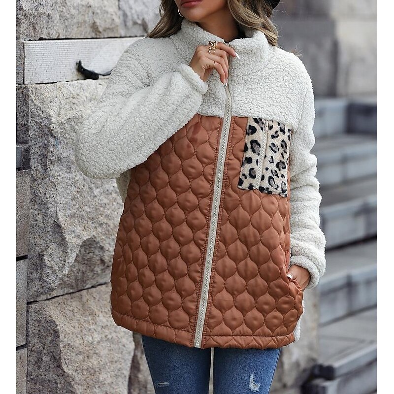 Women's Trench Coat Going out Fall Winter Long Coat Regular Fit Warm Breathable Stylish Casual Jacket Long Sleeve Leopard Slim Fit Wine Army Green Coffee3