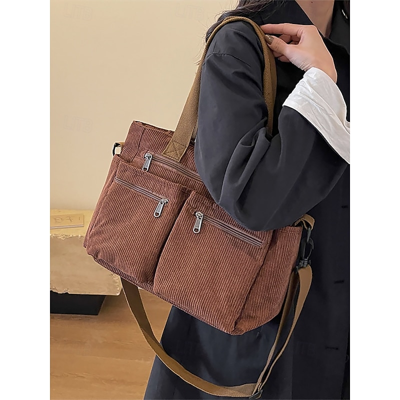 Vintage Corduroy Tote Bag with Multiple Zippered Pockets - Casual Handbag for Women2