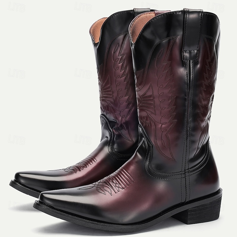 Men's Black and Burgundy Faux Leather Cowboy Boots with Embroidered Design - Classic Western Boots for Rodeo and Outdoor Wear4