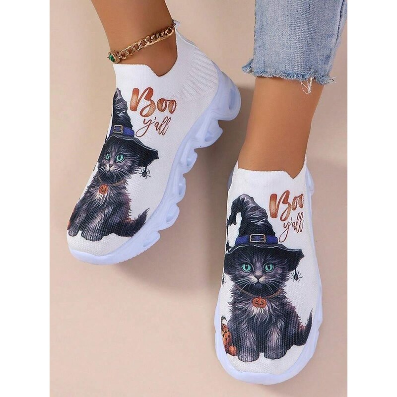 Women's Halloween-Themed Slip-On Sneakers with Cat Print – Comfortable Knit Shoes for Casual and Festive Wear3