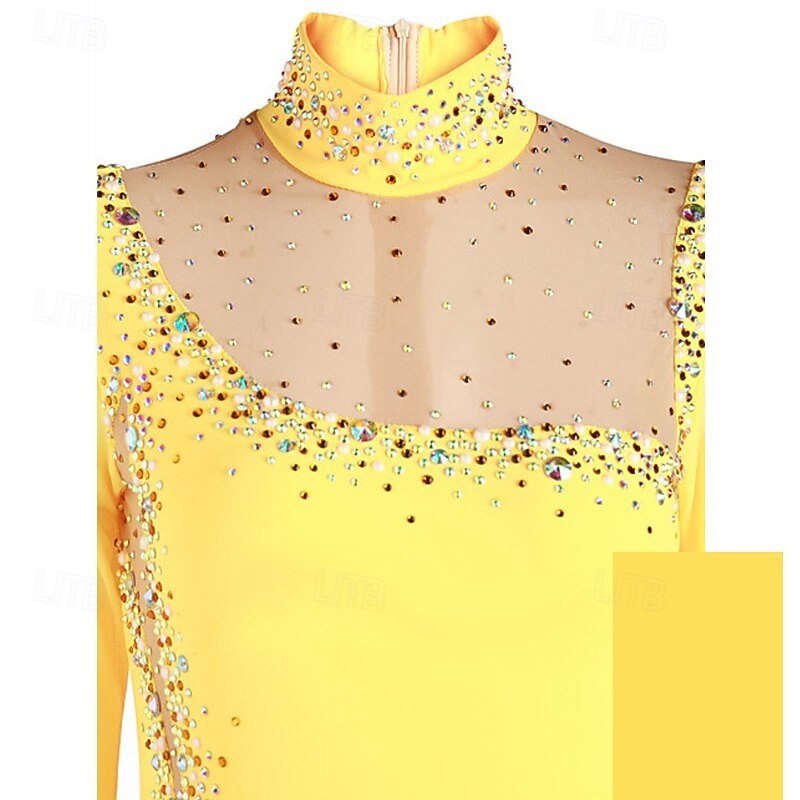 Figure Skating Dress Women's Girls' Ice Skating Dress Yellow Patchwork Mesh High Elasticity Training Competition Skating Wear Classic Crystal / Rhinestone Long Sleeve Ice Skating Figure Skating2
