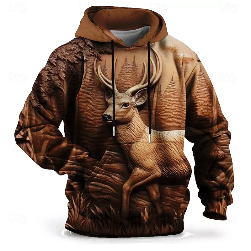 Men's Deer Hoodie Hoodies Sweatshirt Fashion Casual Long Sleeve Hooded Vacation Streetwear Brown Print Front Pocket Spring &  Fall Designer