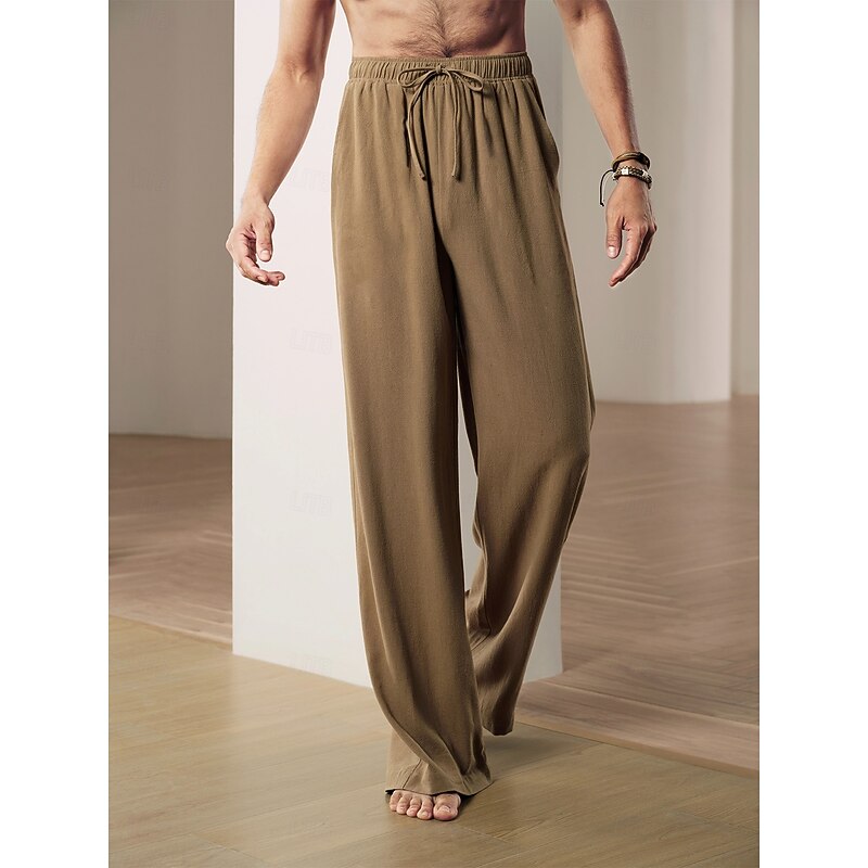 Men's 40% Linen Pants Trousers Baggy Beach Pants Black Brown Elastic Drawstring Design Front Pocket Solid Color Comfort Soft Yoga Daily Fashion Streetwear2