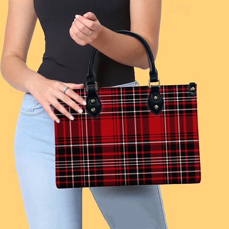 Women's Red Tartan Plaid Handbag with Adjustable Strap – Stylish Crossbody Bag for Everyday and Office Use3