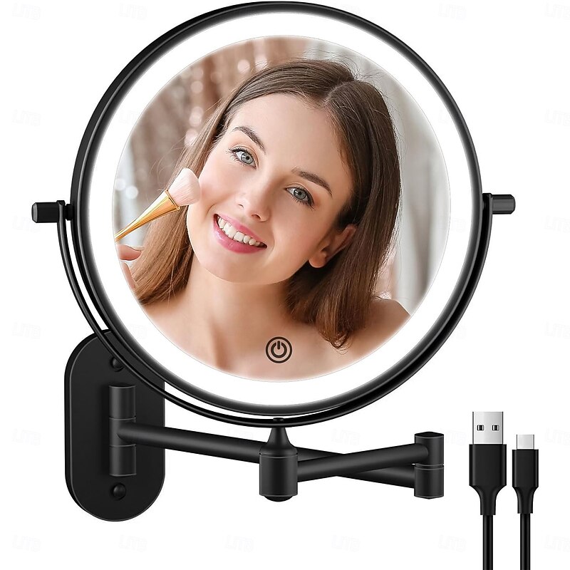 Rechargeable Wall Mounted illuminated Makeup Mirror Light 8-inch Double-sided 10x Magnifying Bathroom Mirror 3-color Lighting Touch Screen Dimming Extended Arm 360 Degree Rotating Shaving Luminous Mirror