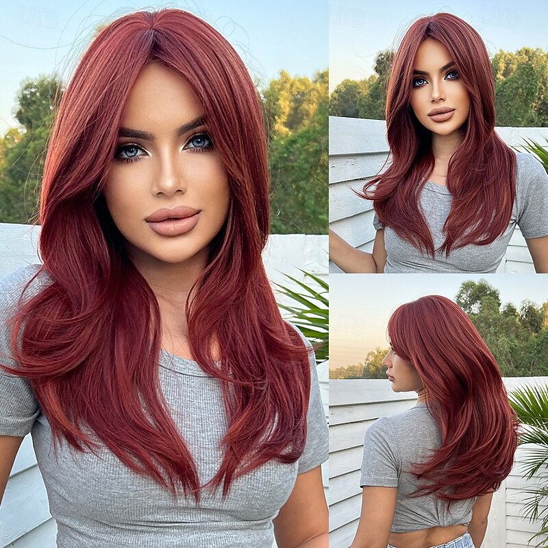 Synthetic Wig Uniforms Career Costumes Princess Straight kinky Straight Middle Part Layered Haircut Machine Made Wig 22 inch Brown / Burgundy Synthetic Hair Women's Cosplay Party Fashion Burgundy